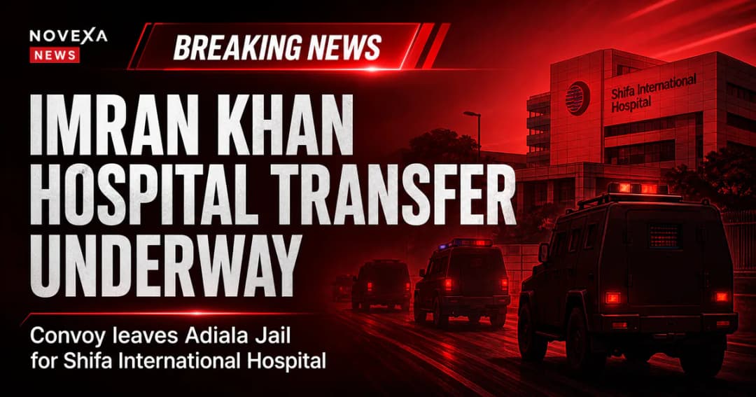 Novexa News illustration of a secure convoy transporting Imran Khan from Adiala Jail to Shifa International Hospital