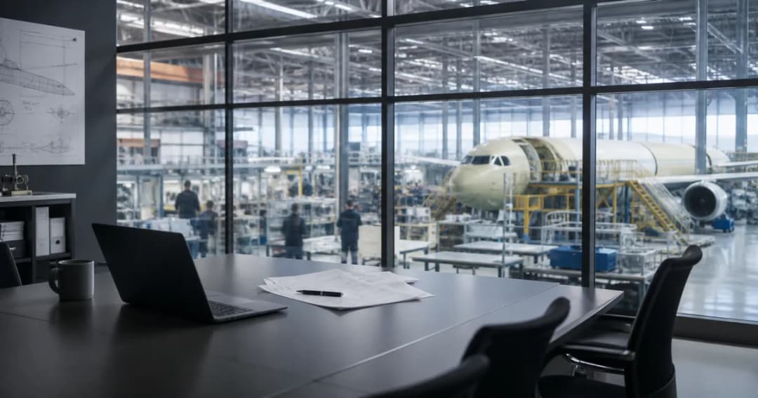 Aircraft engineering office overlooking a modern airplane assembly facility