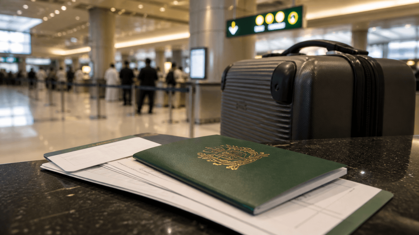 Pakistani passport and travel documents at an airport counter