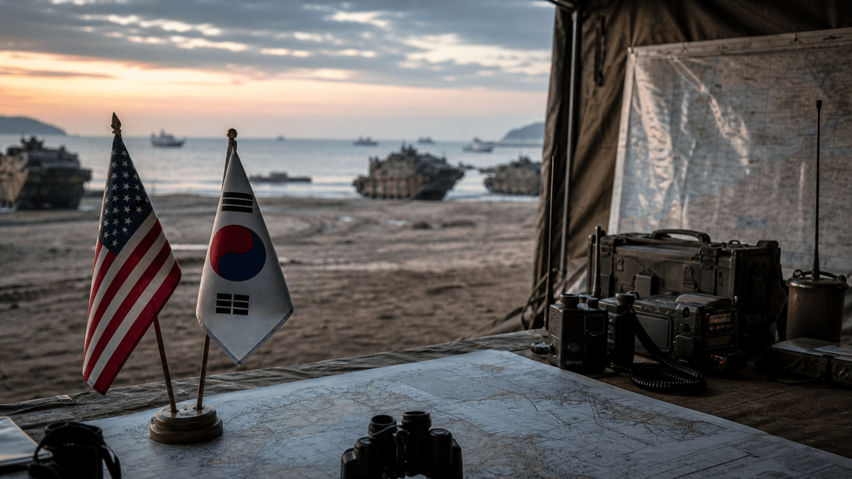 US and South Korea flags on a coastal command table during an amphibious military exercise