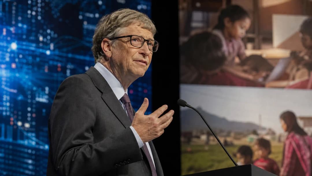 AI-generated editorial illustration of Bill Gates discussing artificial intelligence and global inequality