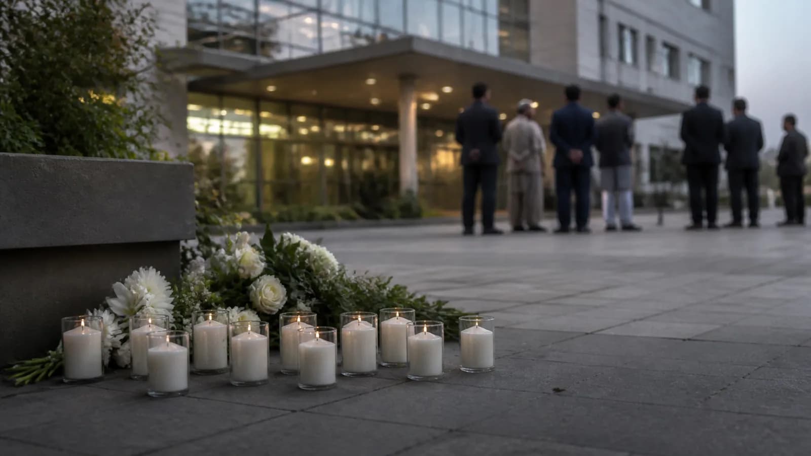 White flowers and memorial candles outside a public hospital after a fatal nursery fire