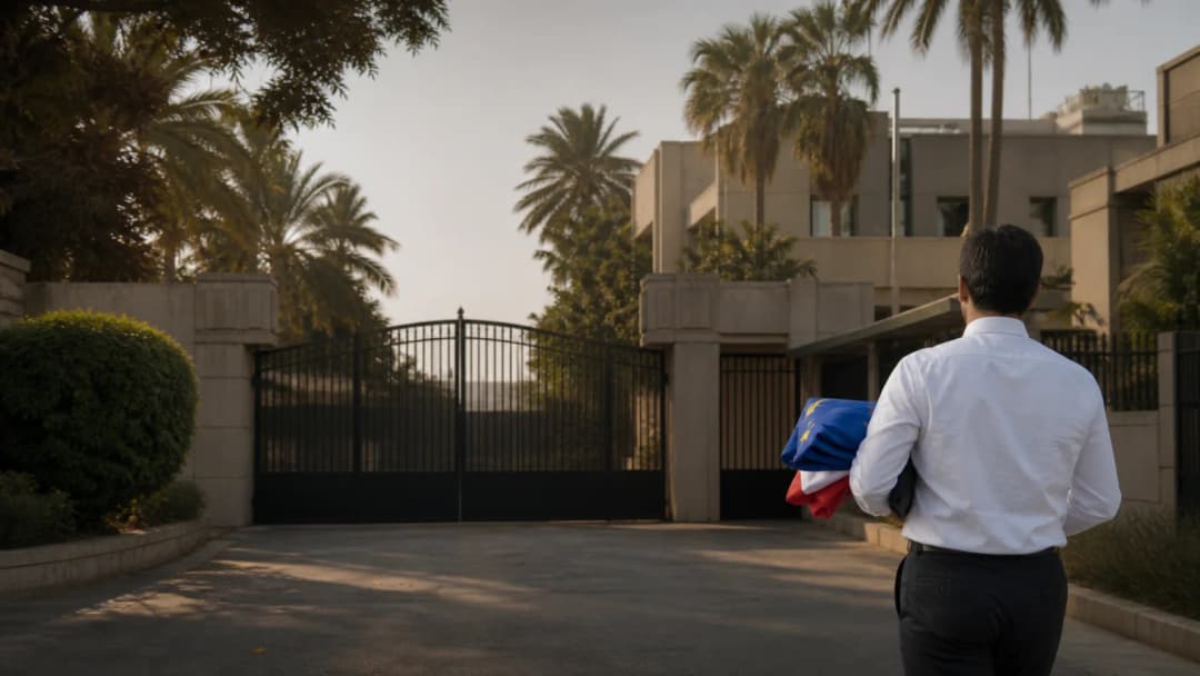 AI editorial illustration of a closed diplomatic building with folded French and EU flags in Karachi