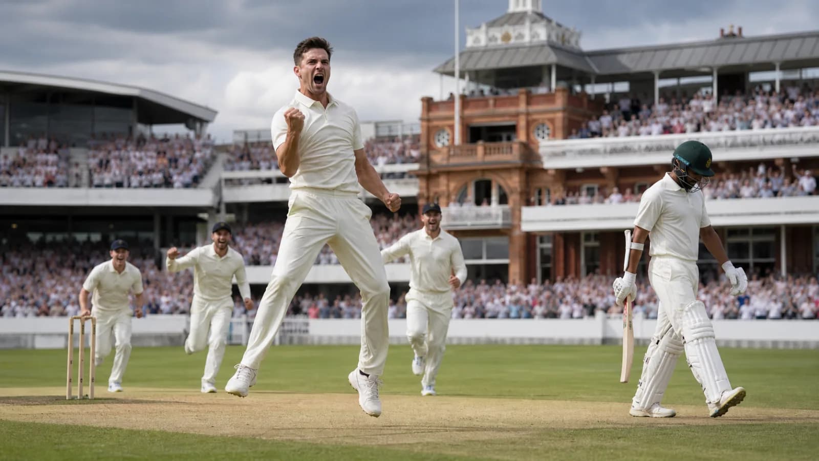 AI editorial illustration of an England fast bowler celebrating a wicket against Pakistan at Lord's