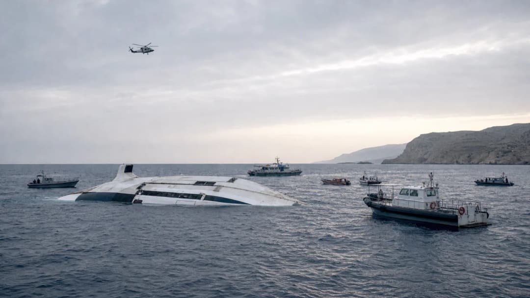 Rescue vessels surrounding a capsized passenger ferry off the northern Cyprus coast