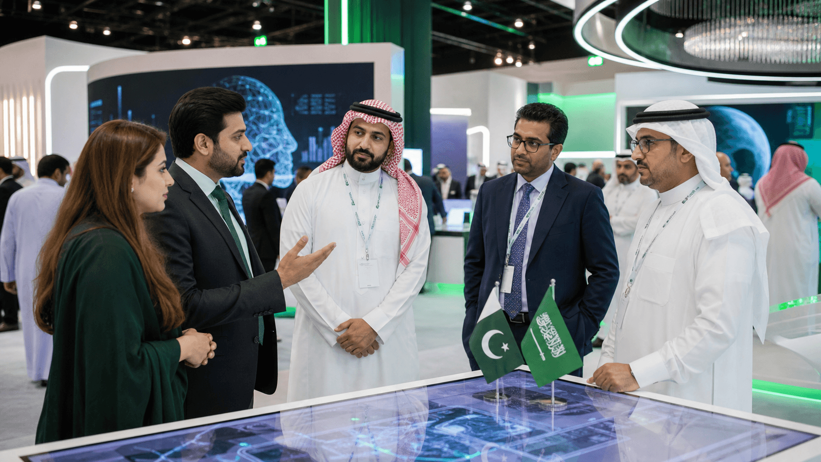 Pakistani and Saudi technology delegates discussing digital innovation at a conference in Riyadh