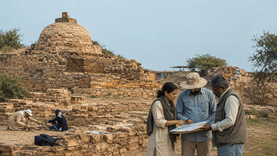 Archaeologists review preservation plans beside ancient stone ruins in Pakistan
