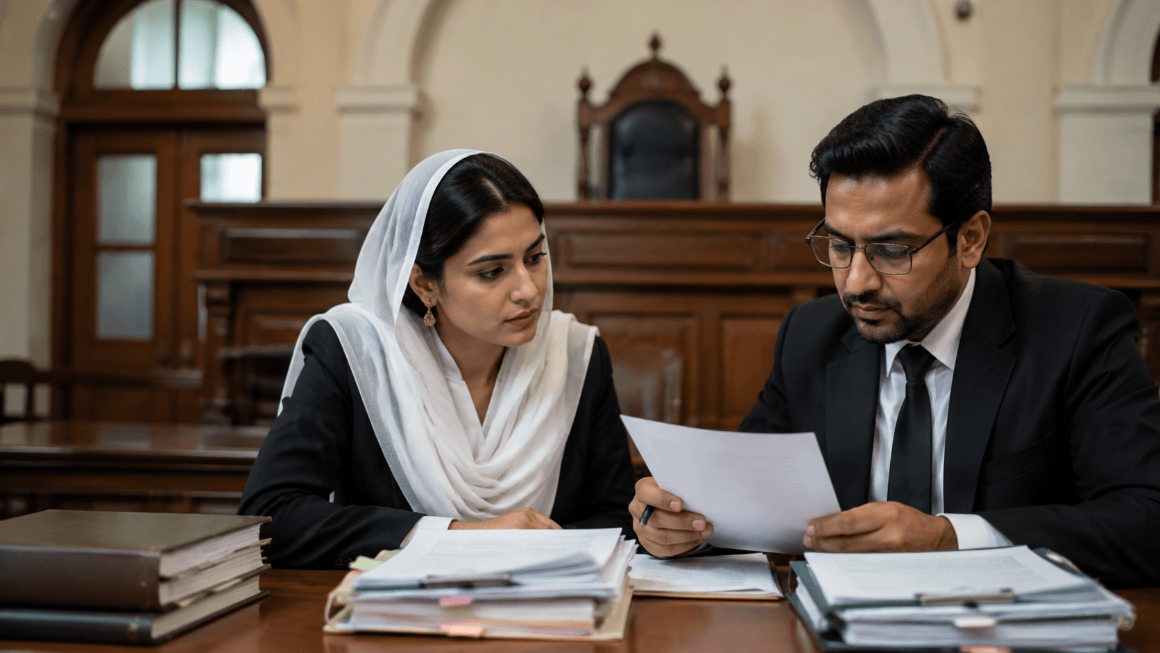 Lawyers review cross-border custody case documents inside a Pakistani courtroom
