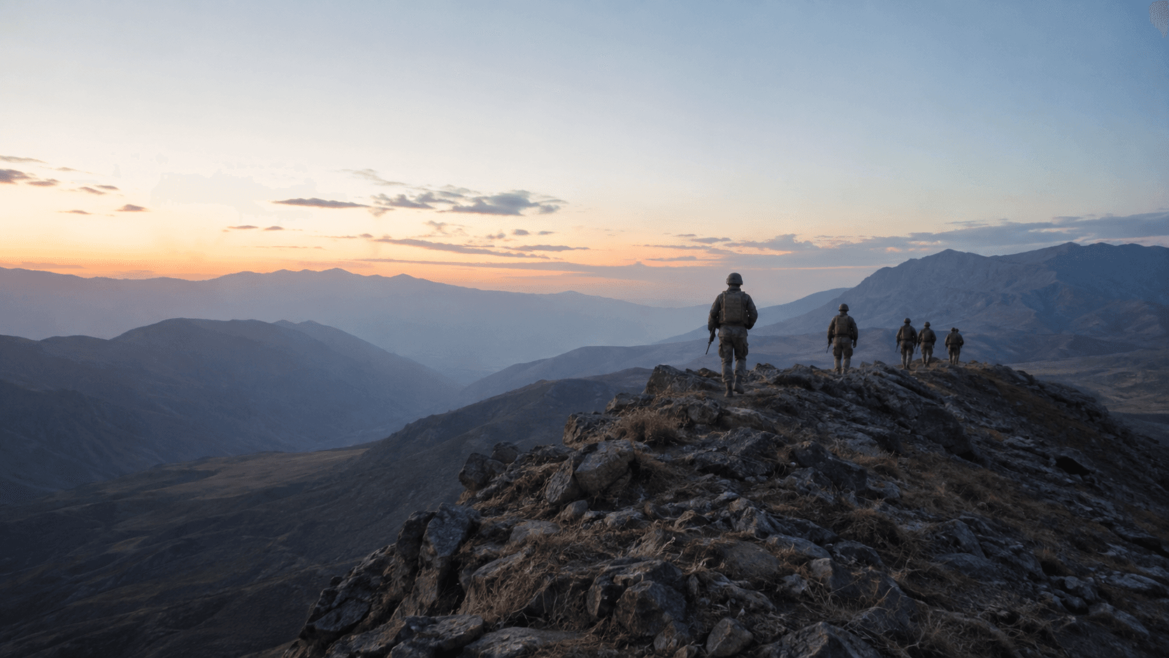 Security patrol moving across mountainous terrain in Khyber Pakhtunkhwa at dawn