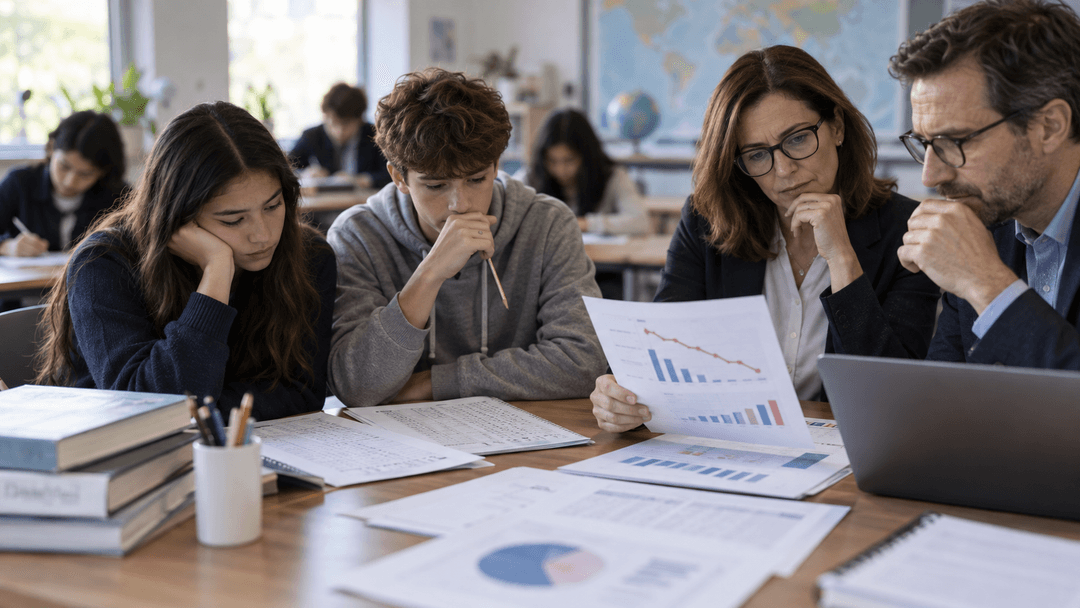 Students and education researchers review assessment results in a classroom