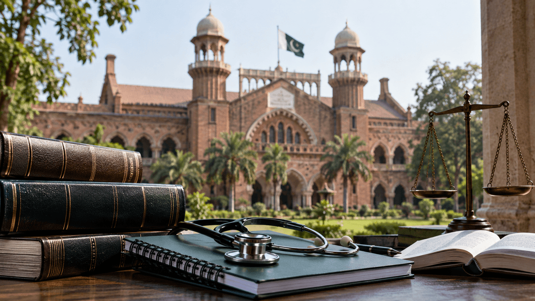Lahore High Court style courthouse with medical study books and stethoscope
