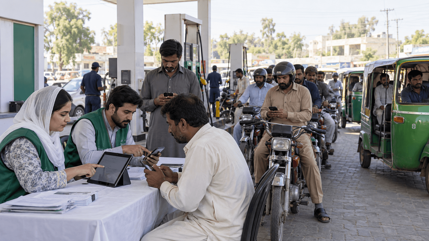 Editorial image of citizens registering for Pakistan fuel relief scheme at a petrol station