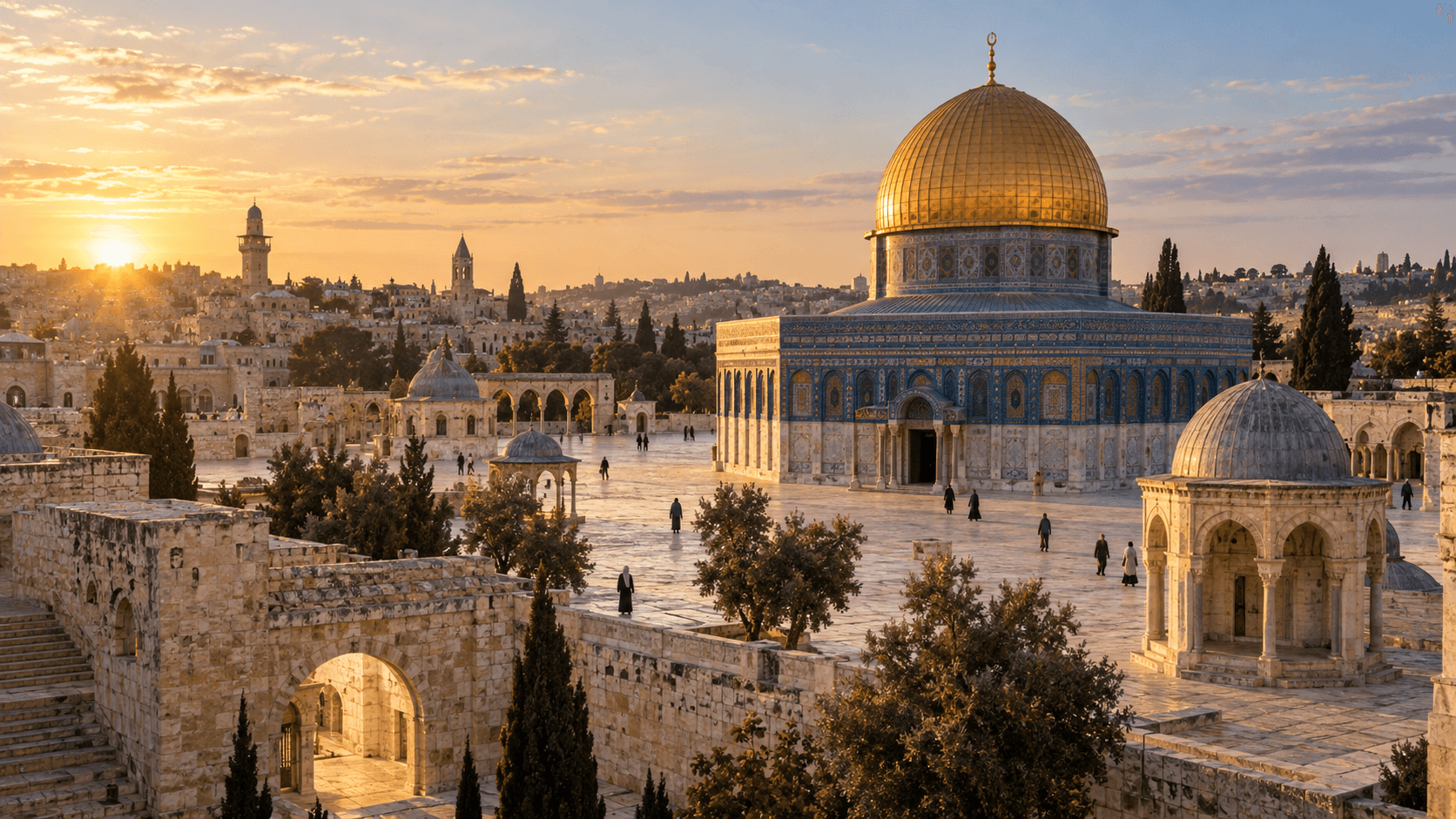 AI-generated editorial illustration of the Al-Aqsa Mosque compound and Dome of the Rock in Jerusalem at sunrise