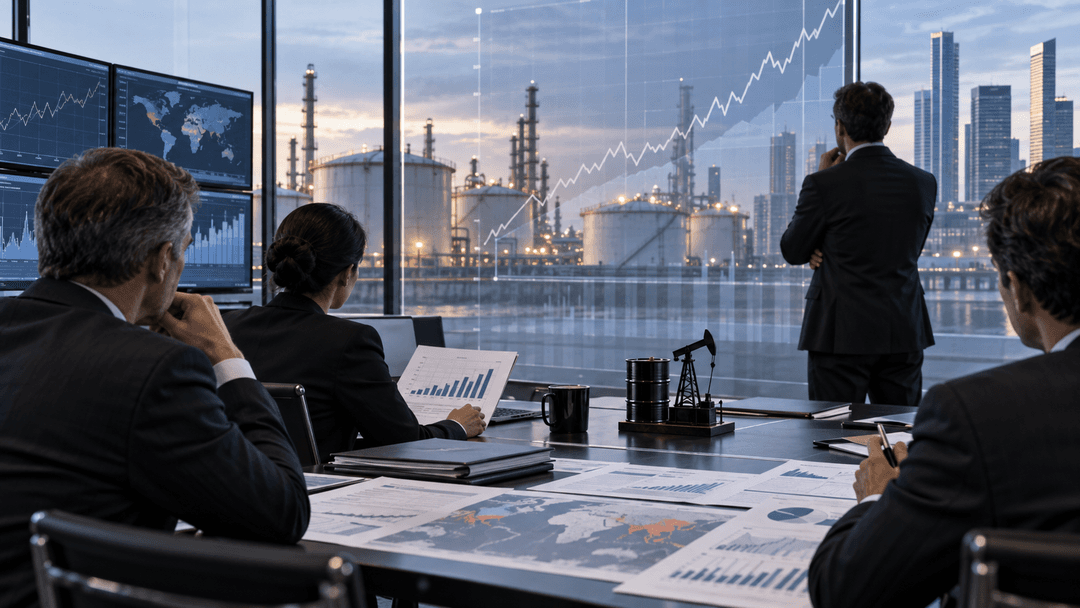 AI-generated editorial illustration of central-bank analysts monitoring energy prices and inflation charts