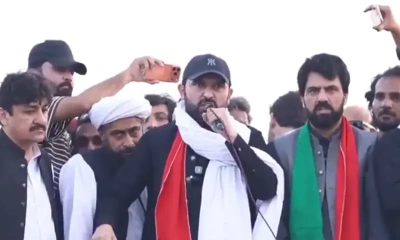 Khyber Pakhtunkhwa Chief Minister Sohail Afridi addresses PTI supporters in Lakki Marwat on October 4, 2026