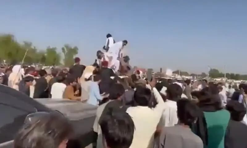 PTI supporters surround Khyber Pakhtunkhwa Chief Minister Sohail Afridi's convoy in Lakki Marwat on October 4, 2026