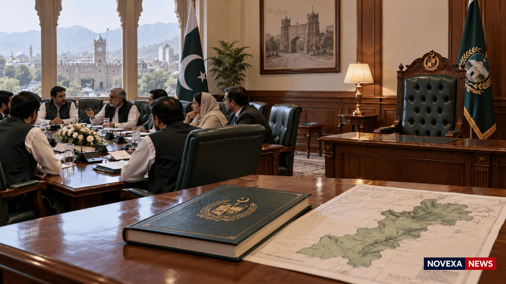 AI-generated Novexa News illustration of a Khyber Pakhtunkhwa cabinet meeting beside an empty governor's chair