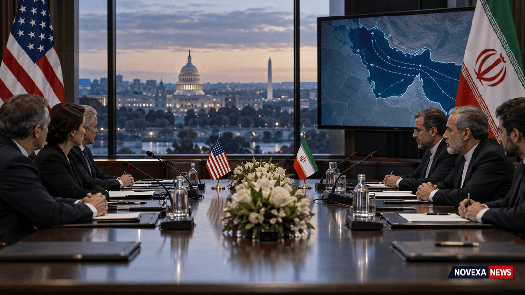 AI-generated Novexa News illustration of United States and Iranian delegations holding diplomatic talks