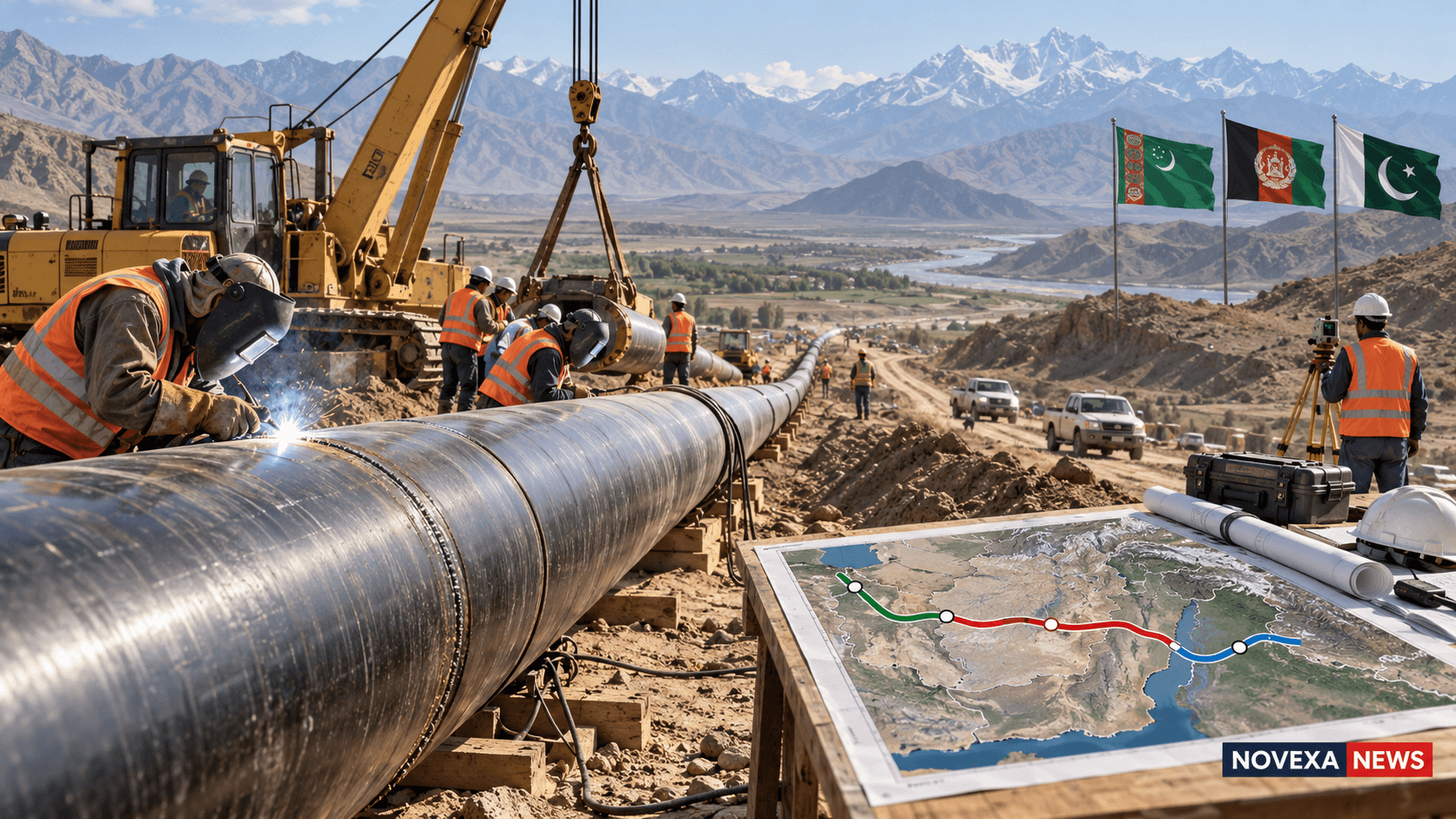 AI-generated Novexa News illustration of engineers building the TAPI gas pipeline through Central Asian terrain