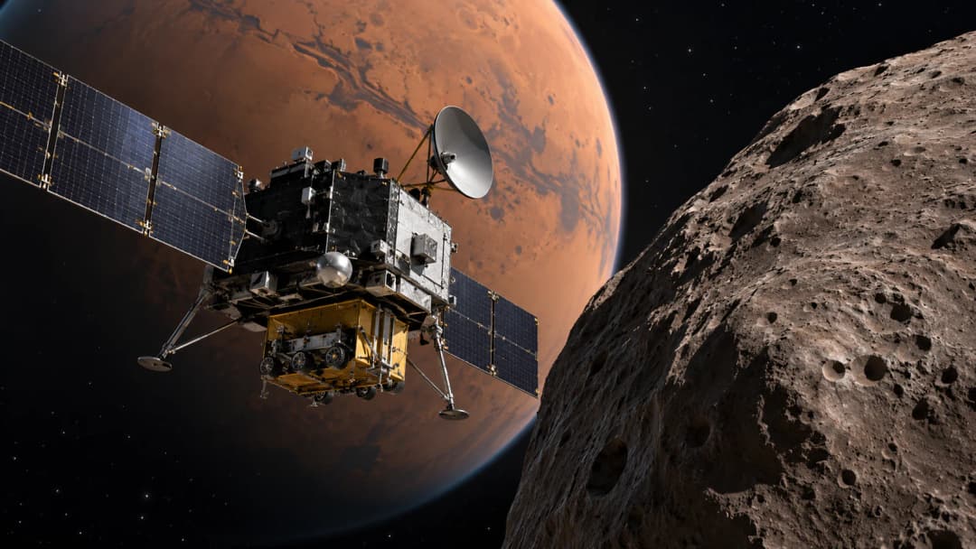 AI-generated editorial illustration of the MMX spacecraft approaching Phobos with Mars in the background