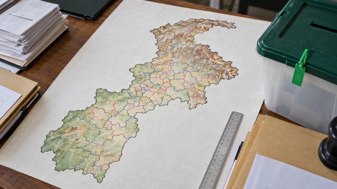 AI-generated editorial illustration of a Khyber Pakhtunkhwa electoral map beside a sealed ballot box
