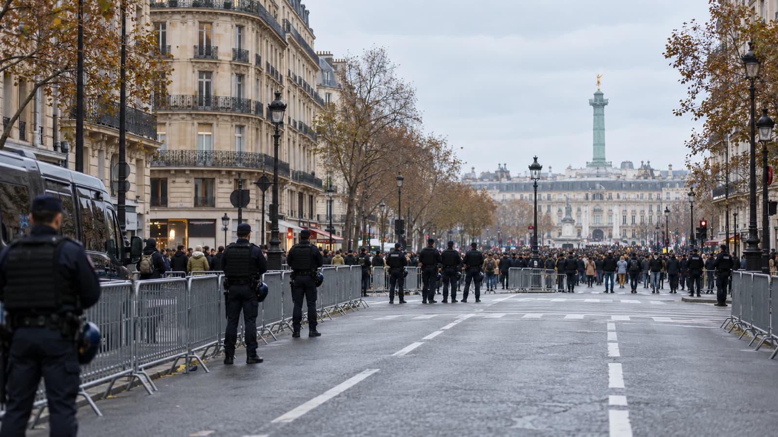 AI-generated editorial illustration of police barriers defining a controlled protest route on a Paris boulevard